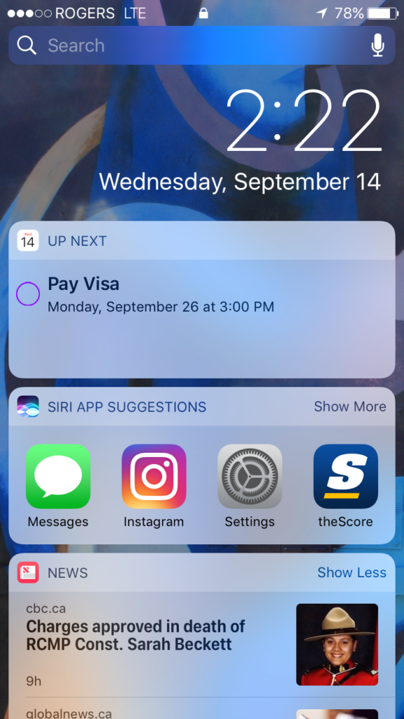 The widget panel, as seen from the locked home screen